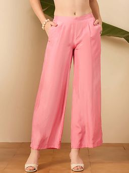 First Resort by Ramola Bachchan - Pink Silk Mid Waist Straight Pant