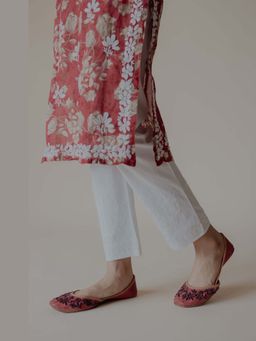 Old Marigold - Women'S White Cotton Lycra Hand Embroidered Chikankari Straight Pant