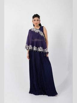 SMRITI - Purple Diamond Dew One Shoulder Cape with Bustier and Pleated Skirt Set