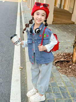 Hopscotch - Girls Blue Heart Print Sleeveless Denim Jacket