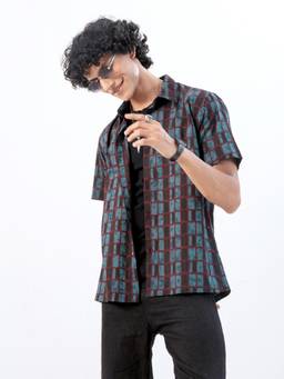 KISAH - Men Blue Geometric Cotton Shirt