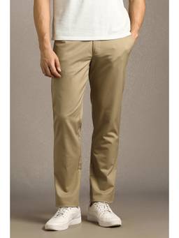 Louis Philippe - Men Beige Solid/Plain Cotton Blend Trouser