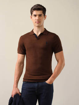 U.S. POLO ASSN. - Men Brown Solid/Plain Viscose Polo T-Shirt