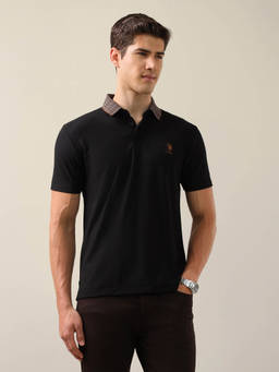 U.S. POLO ASSN. - Men Black Solid/Plain Cotton Polo T-Shirt