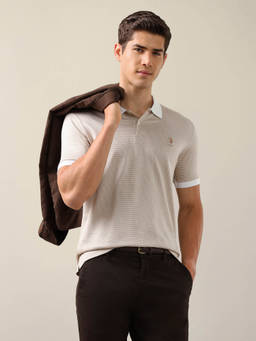 U.S. POLO ASSN. - Men Brown Self Design Cotton Polo T-Shirt