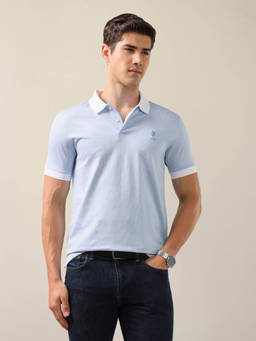 U.S. POLO ASSN. - Men Blue Self Design Cotton Polo T-Shirt