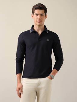 U.S. POLO ASSN. - Men Blue Solid/Plain Cotton Polo T-Shirt