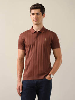 U.S. POLO ASSN. - Men Brown Stripes Cotton Polo T-Shirt