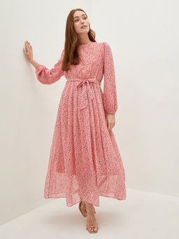 LC WAIKIKI - Crew Neck Floral Print Long Sleeve Chiffon Womens Dress (Set of 2)