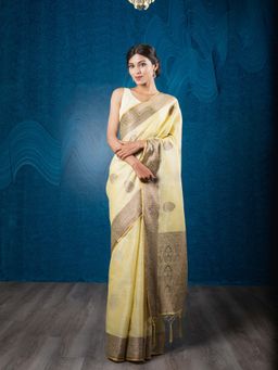 EXCLUSIVA - Yellow Soft Linen and Tissue Silk Saree with Unstitched Blouse