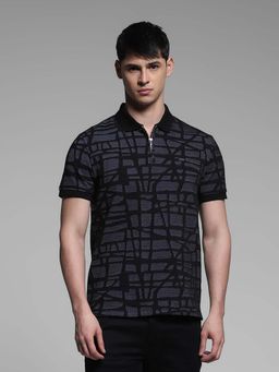 Jack & Jones - Black Self Design Regular Fit Polo T-Shirt