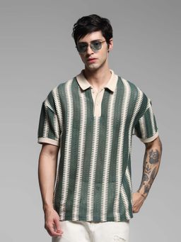 Jack & Jones - Green Stripes Oversized Fit Polo T-Shirt