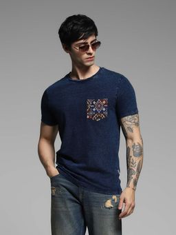 Jack & Jones - Blue Self Design Regular Fit T-Shirt