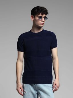 Jack & Jones - Navy Blue Self Design Regular Fit T-Shirt