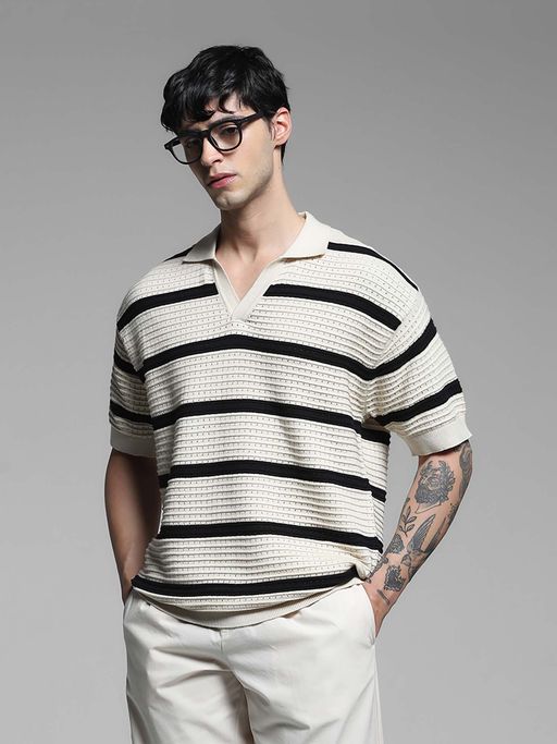 Jack & Jones Beige Stripes Oversized Fit Polo T-Shirt