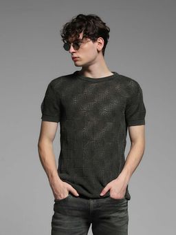 Jack & Jones - Green Self Design Regular Fit T-Shirt