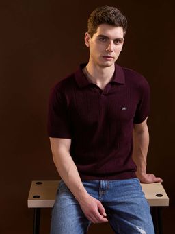 The Bear House - Maroon Self Design Slim Fit Polo T-Shirt