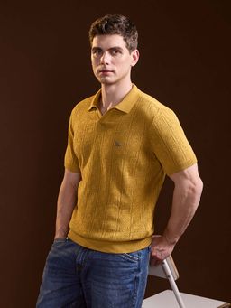 The Bear House - Mustard Self Design Slim Fit Polo T-Shirt