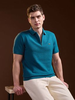 The Bear House - Teal Textured Regular Fit Polo T-Shirt