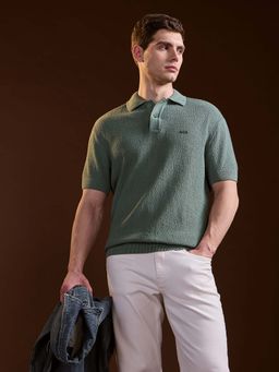 The Bear House - Green Textured Relaxed Fit Polo T-Shirt