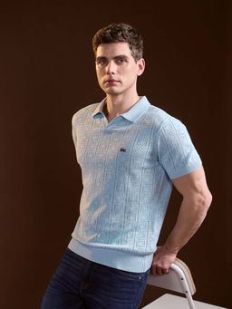 The Bear House - Blue Self Design Slim Fit Polo T-Shirt