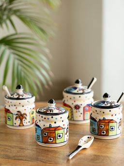 ExclusiveLane - The Hut\ Ceramic Pickle & Chutney Jar Set with Spoons (Set of 8)