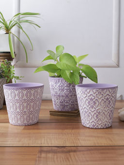 Tayhaa - Set of 3 Purple Colored Planters with White Tribal Design