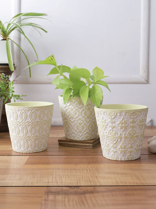 Tayhaa Set of 3 Green Colored Planters with White Tribal Design
