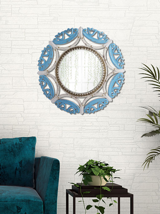 AAPNO RAJASTHAN Round Shape Wall Mirror with Vintage Wooden Frame