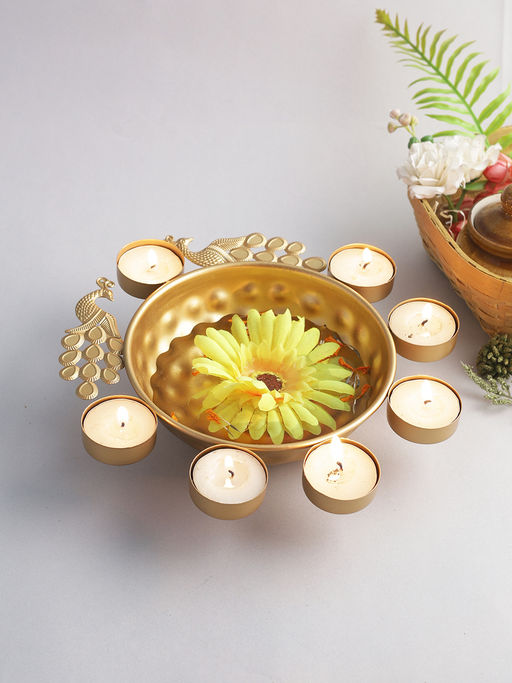 AAPNO RAJASTHAN Peacock Urli Showpiece with Attached 7 Tealight Holders