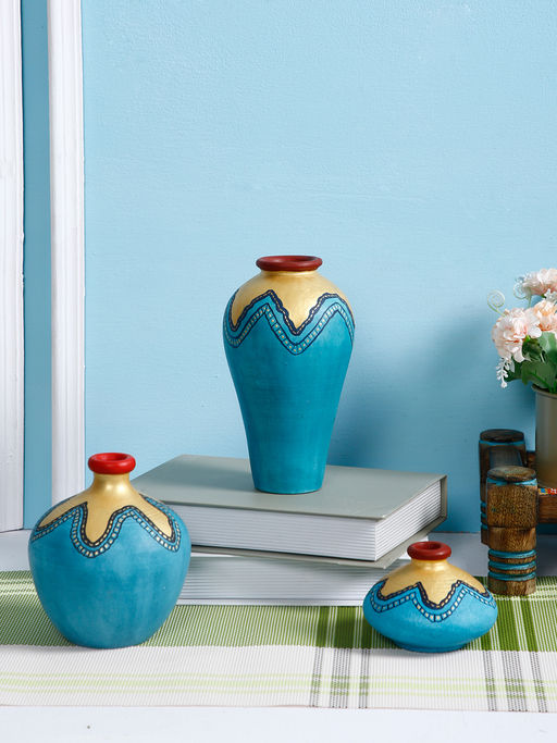 AAPNO RAJASTHAN Blue Hand - Painted Terracotta Pots Set of 3