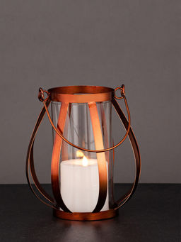 AAPNO RAJASTHAN - Rose Gold Iron Strips Tea Light Holder with Glass Case
