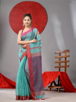 Arhi - Sea Blue Cotton Blend Soft Kantha Style Saree with Unstitched Blouse