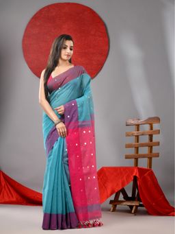 Arhi - Blue Cotton Blend Sequins Work Saree with Unstitched Blouse