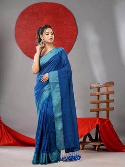 Arhi - Blue Cotton Soft Zari Border Saree with Unstitched Blouse