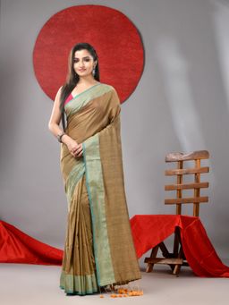 Arhi - Beige Cotton Soft Zari Border Saree with Unstitched Blouse