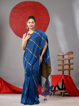 Arhi - Sapphire Blue Cotton Soft Stripe Designs Saree with Unstitched Blouse