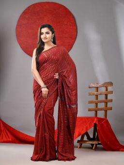 Arhi - Red Cotton Soft Stripe Designs Saree with Unstitched Blouse