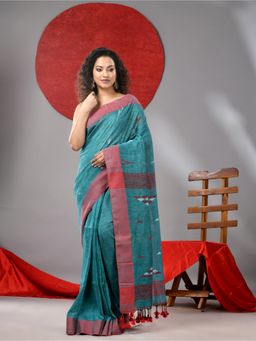 Arhi - Teal Linen Woven Designs Saree with Unstitched Blouse