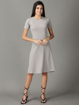 SHOWOFF - Womens Solid Round Neck Grey Knee Length Dress