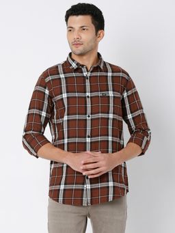 Spykar - Men Brown Cotton Slim Fit Checkered Shirt