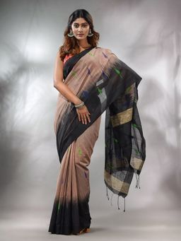 CHARUKRITI - Beige Cotton Silk Handwoven Saree with Ikkat Design & Unstitched Blouse