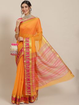 ISHIN - Womens Polycotton Orange & Pink Solid Woven Saree with Unstitched Blouse