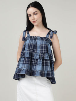 Sands of India - Blue Checked Ruffled Top