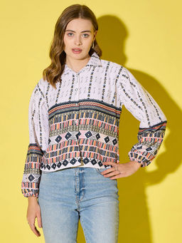 Buynewtrend - Polyester White Black Bubble Sleeve Tribal Printed Women Shirt