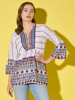 Buynewtrend - Women Blue Long Top Tribal Printed Polyester Tunic