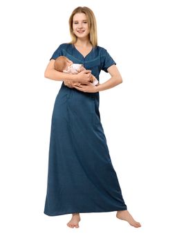 PIU - Womens Cotton Pleated Feeding Nighty Blue