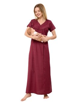 PIU - Womens Cotton Pleated Feeding Nighty Maroon