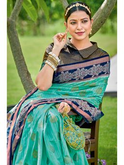 Sangam Prints - Sea Green Silk Silver Zari Work Traditional Tassel Saree with Unstitched Blouse