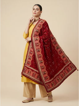 MUFFLY - Maroon Chinon Kutch Mirror Work Heritage Dupatta